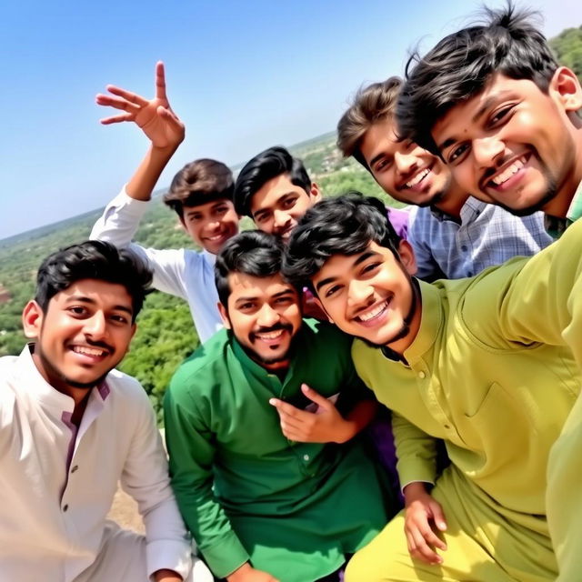 A group of Pakistani boys taking a selfie together, capturing their cheerful expressions and camaraderie