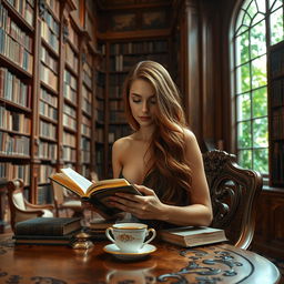 A sexy lady with long bronze hair sitting in a grand, expansive library filled with towering shelves of books