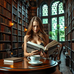 A sexy lady with long bronze hair sitting in a grand, expansive library filled with towering shelves of books