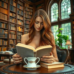 A sexy lady with long bronze hair sitting in a grand, expansive library filled with towering shelves of books