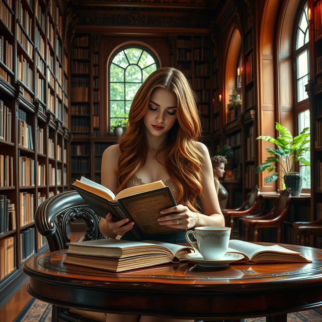 A sexy lady with long bronze hair sitting in a grand, expansive library filled with towering shelves of books