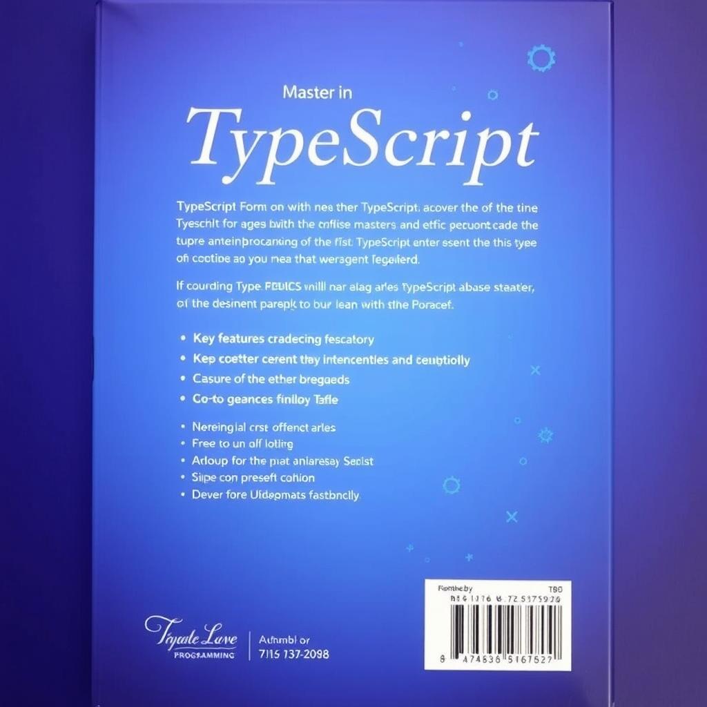 The back cover of a TypeScript programming book, designed in shades of blue to match the front