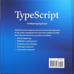 The back cover of a TypeScript programming book, designed in shades of blue to match the front