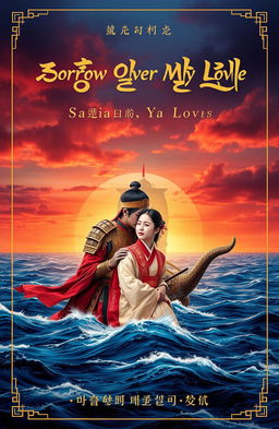 A dramatic novel cover featuring a vast ocean at sunset, with a majestic turtle ship sailing in the center of the sea