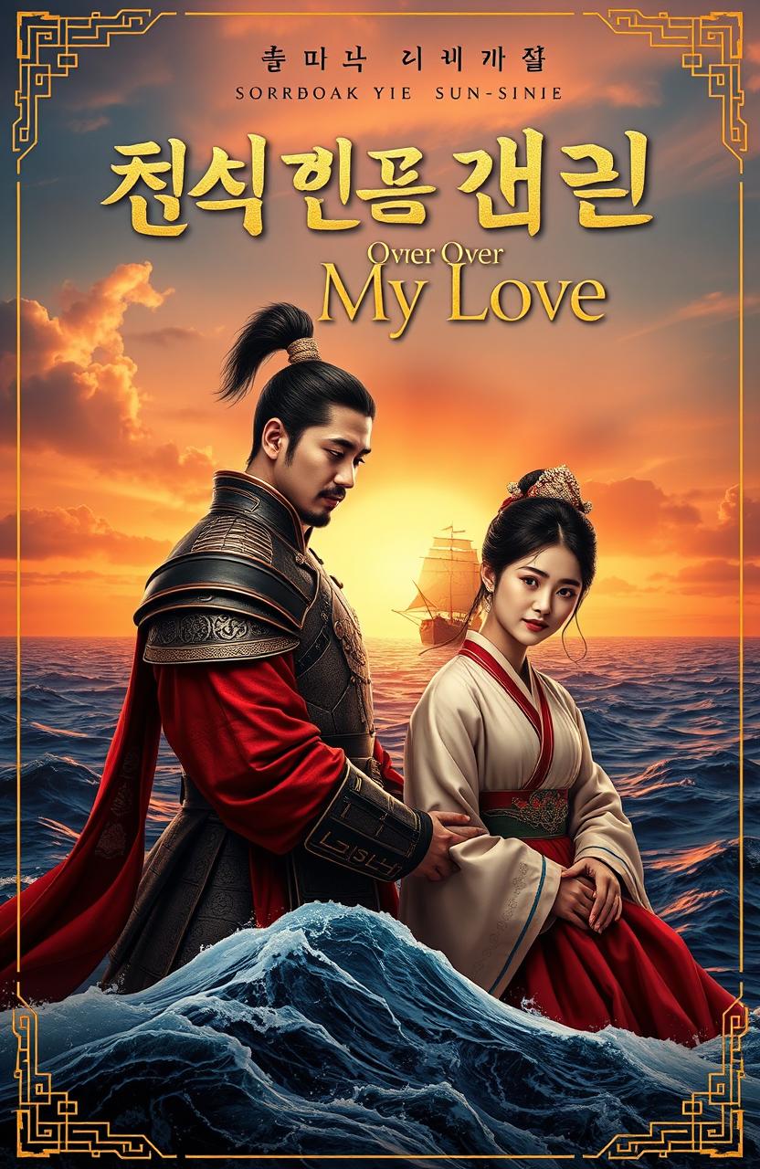 A dramatic novel cover featuring a vast ocean at sunset, with a majestic turtle ship sailing in the center of the sea