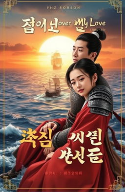 A dramatic novel cover featuring a vast ocean at sunset, with a majestic turtle ship sailing in the center of the sea