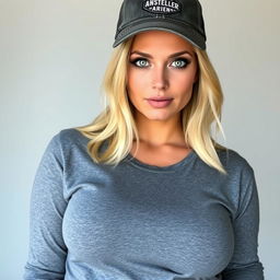 A blonde woman wearing a casual gray shirt that fits snugly, emphasizing her large breasts