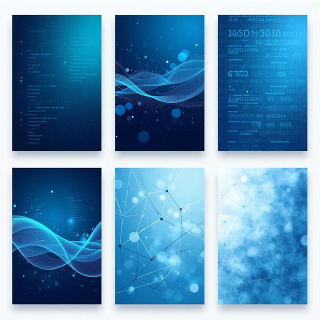 Six unique backgrounds designed for a programming book cover, all based in shades of blue