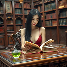 A sexy Chinese lady with long black hair, elegantly styled, sitting in a grand Chinese-style library