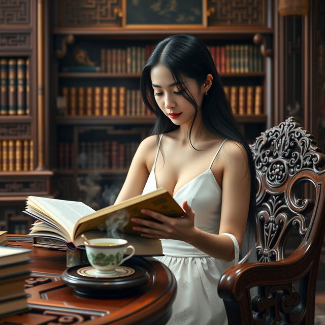 A sexy Chinese lady with long black hair, elegantly styled, sitting in a grand Chinese-style library