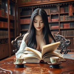 A sexy Chinese lady with long black hair, elegantly styled, sitting in a grand Chinese-style library