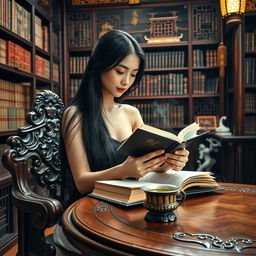 A sexy Chinese lady with long black hair, elegantly styled, sitting in a grand Chinese-style library