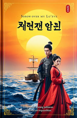 A novel cover design featuring a vast ocean with a dramatic sunset, casting a warm golden glow