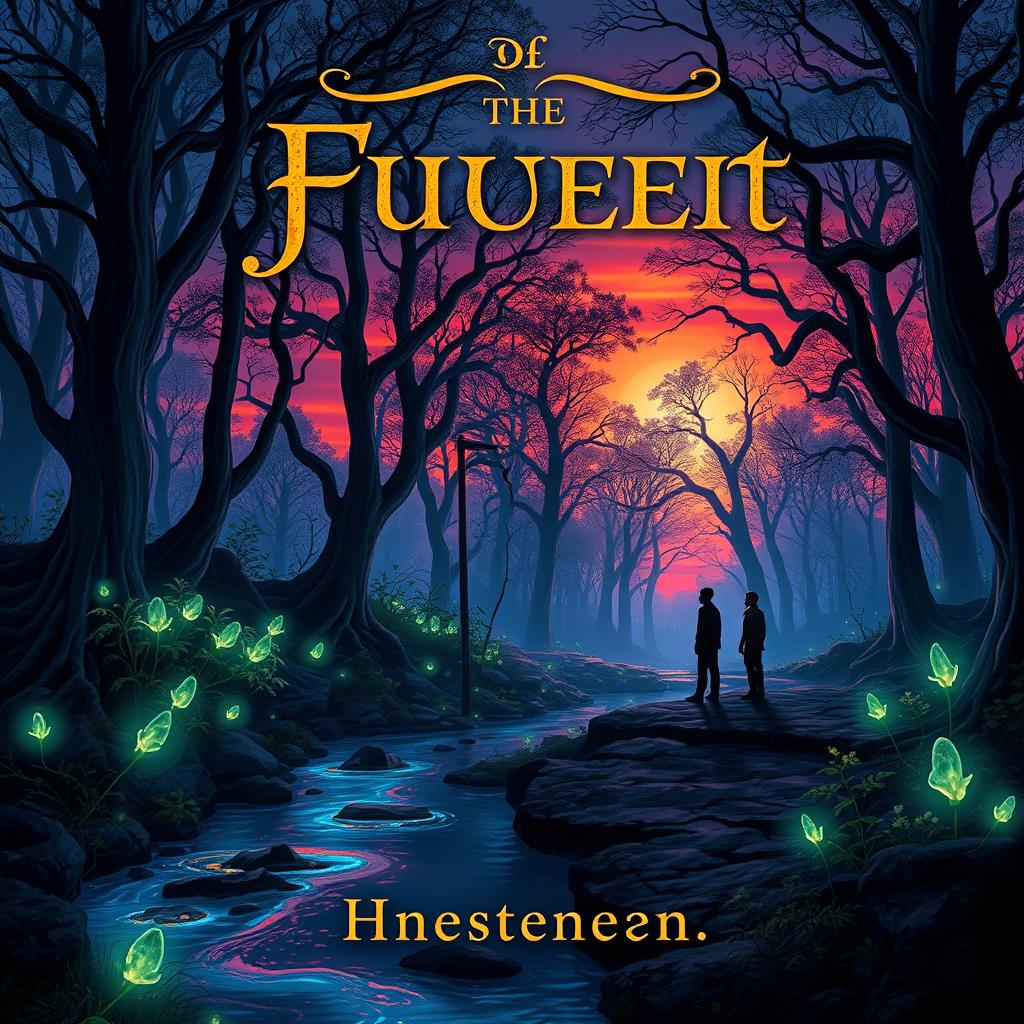 A captivating book cover design featuring a mystical forest at twilight