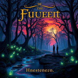 A captivating book cover design featuring a mystical forest at twilight