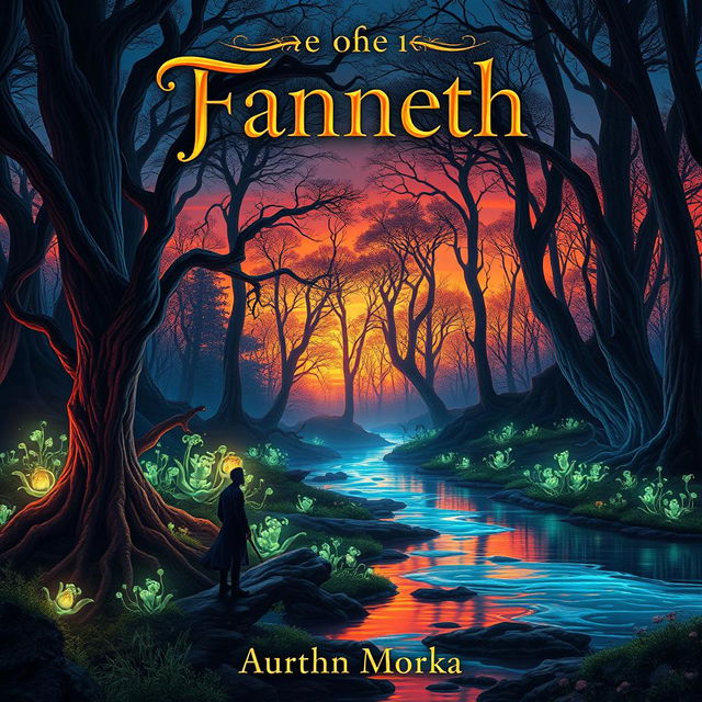 A captivating book cover design featuring a mystical forest at twilight