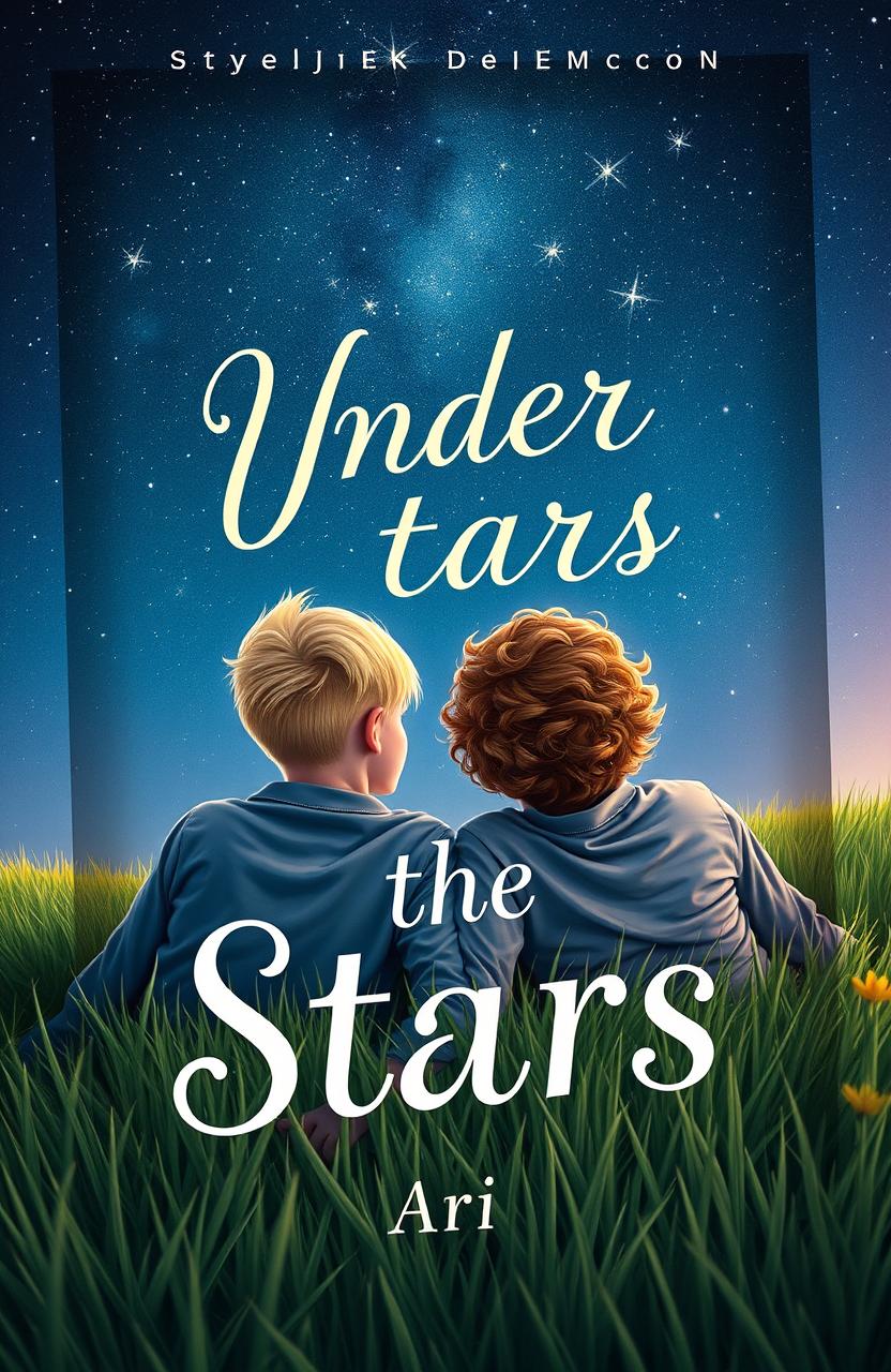 A captivating book cover design featuring two boys aged 16, laying on a grassy field and gazing up at a starry night sky