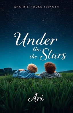 A captivating book cover design featuring two boys aged 16, laying on a grassy field and gazing up at a starry night sky