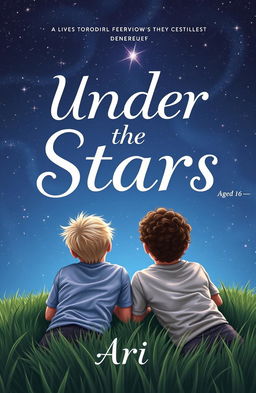 A captivating book cover design featuring two boys aged 16, laying on a grassy field and gazing up at a starry night sky