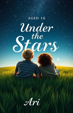 A captivating book cover design featuring two boys aged 16, laying on a grassy field and gazing up at a starry night sky