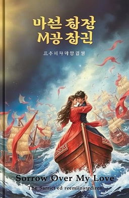 A romantic novel cover depicting love and sorrow amidst a fierce battle of hundreds of ships