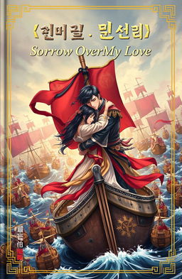 A romantic novel cover depicting love and sorrow amidst a fierce battle of hundreds of ships