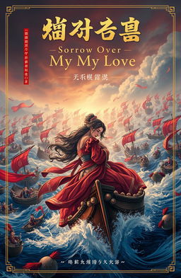 A romantic novel cover depicting love and sorrow amidst a fierce battle of hundreds of ships