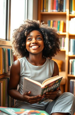 A beautiful and confident Black girl sitting in a cozy library surrounded by shelves of colorful books