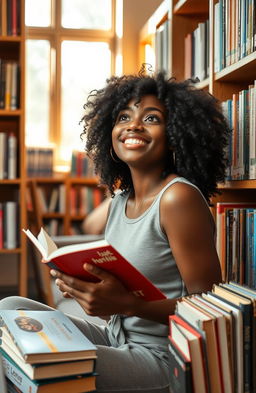 A beautiful and confident Black girl sitting in a cozy library surrounded by shelves of colorful books