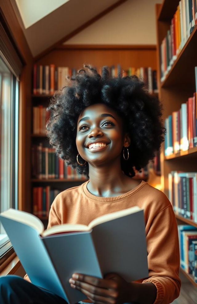 A beautiful and confident Black girl sitting in a cozy library surrounded by shelves of colorful books