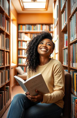 A beautiful and confident Black girl sitting in a cozy library surrounded by shelves of colorful books