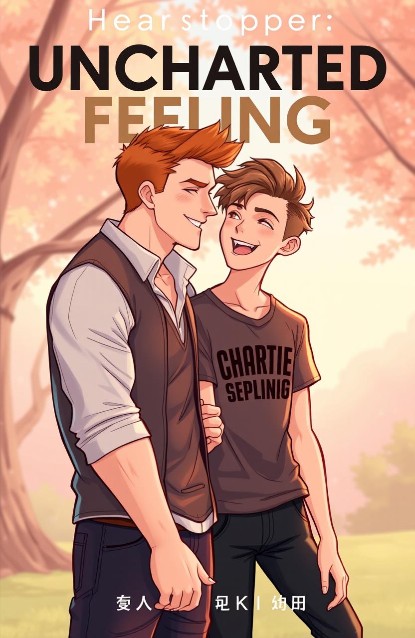 An illustration inspired by the cover of Heartstopper, featuring two main characters labeled 'Uncharted Feelings'