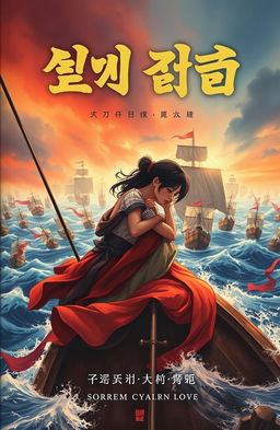 A romantic novel cover depicting love and sadness in the midst of a battle involving hundreds of ships