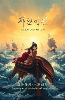 A romantic novel cover depicting love and sadness in the midst of a battle involving hundreds of ships