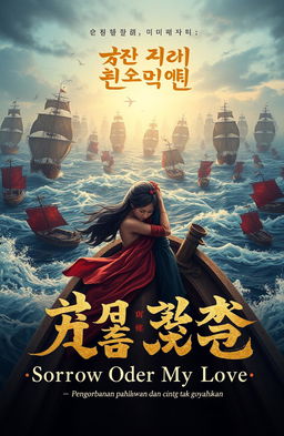 A romantic novel cover depicting love and sadness in the midst of a battle involving hundreds of ships