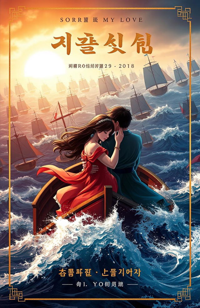 A romantic novel cover depicting love and sadness in the midst of a battle involving hundreds of ships