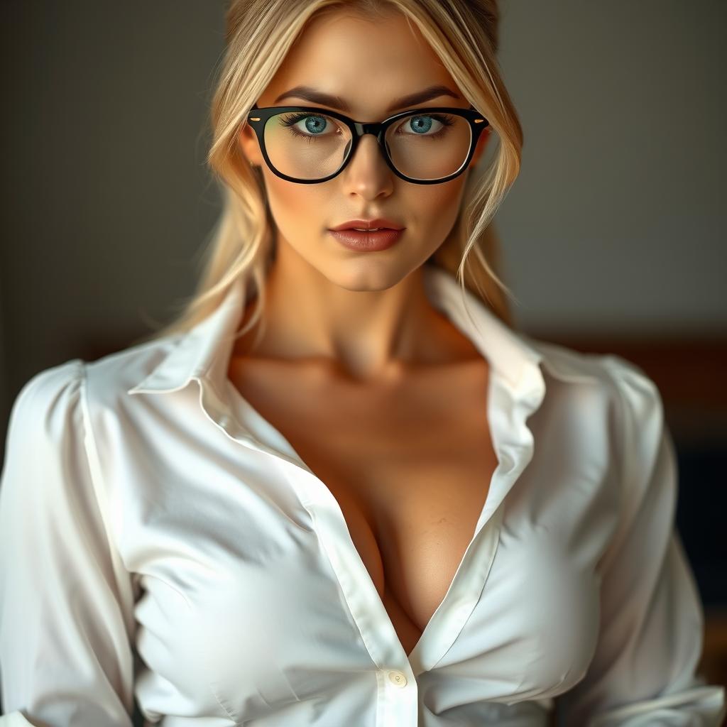 A blonde woman wearing a white blouse that is slightly unbuttoned, subtly accentuating her large breasts