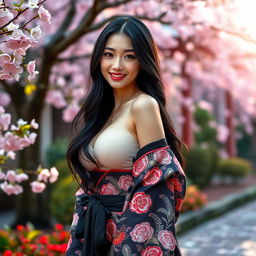 A beautiful Japanese woman with large breasts, playfully seductive