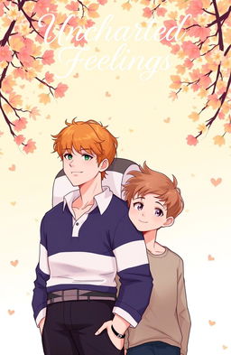 A romantic illustration inspired by the art style of the 'Heartstopper' cover, featuring two male characters