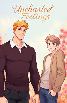 A romantic illustration inspired by the art style of the 'Heartstopper' cover, featuring two male characters