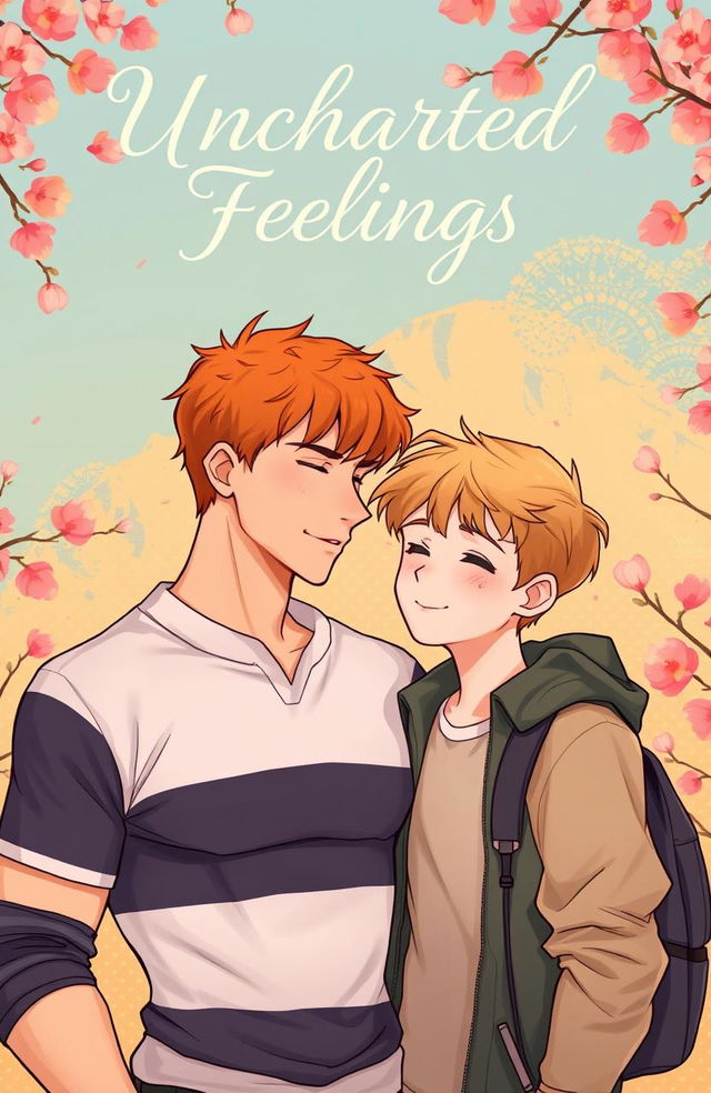 A romantic illustration inspired by the art style of the 'Heartstopper' cover, featuring two male characters