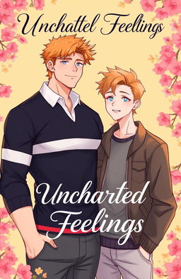 A romantic illustration inspired by the art style of the 'Heartstopper' cover, featuring two male characters