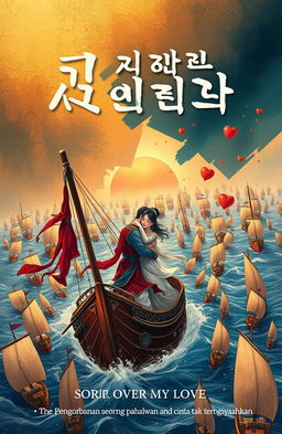 A romantic novel cover illustration showcasing love and sadness amidst a battle of hundreds of ships