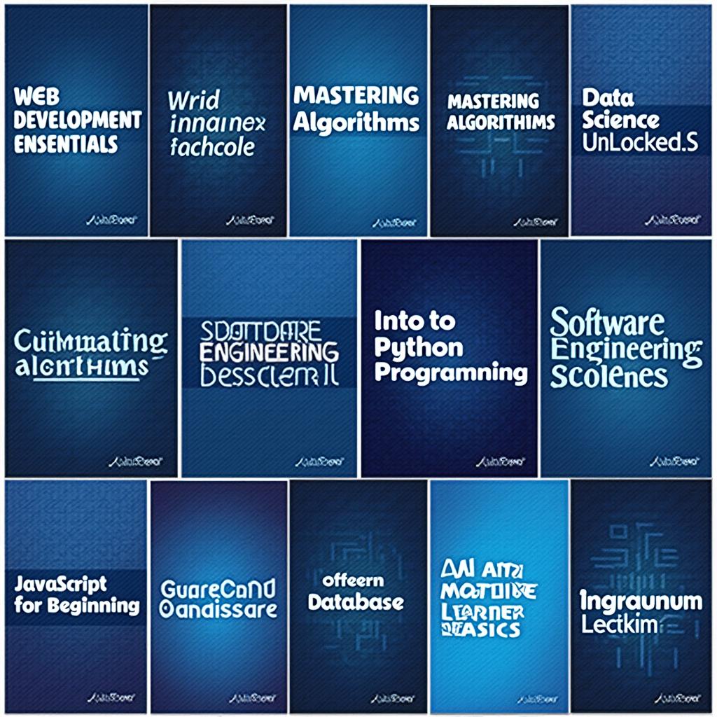 A collection of 8 distinct book covers for programming books, each primarily featuring various shades of blue