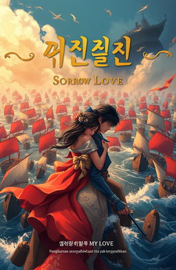 A romantic novel cover illustration showcasing love and sadness amidst a battle of hundreds of ships