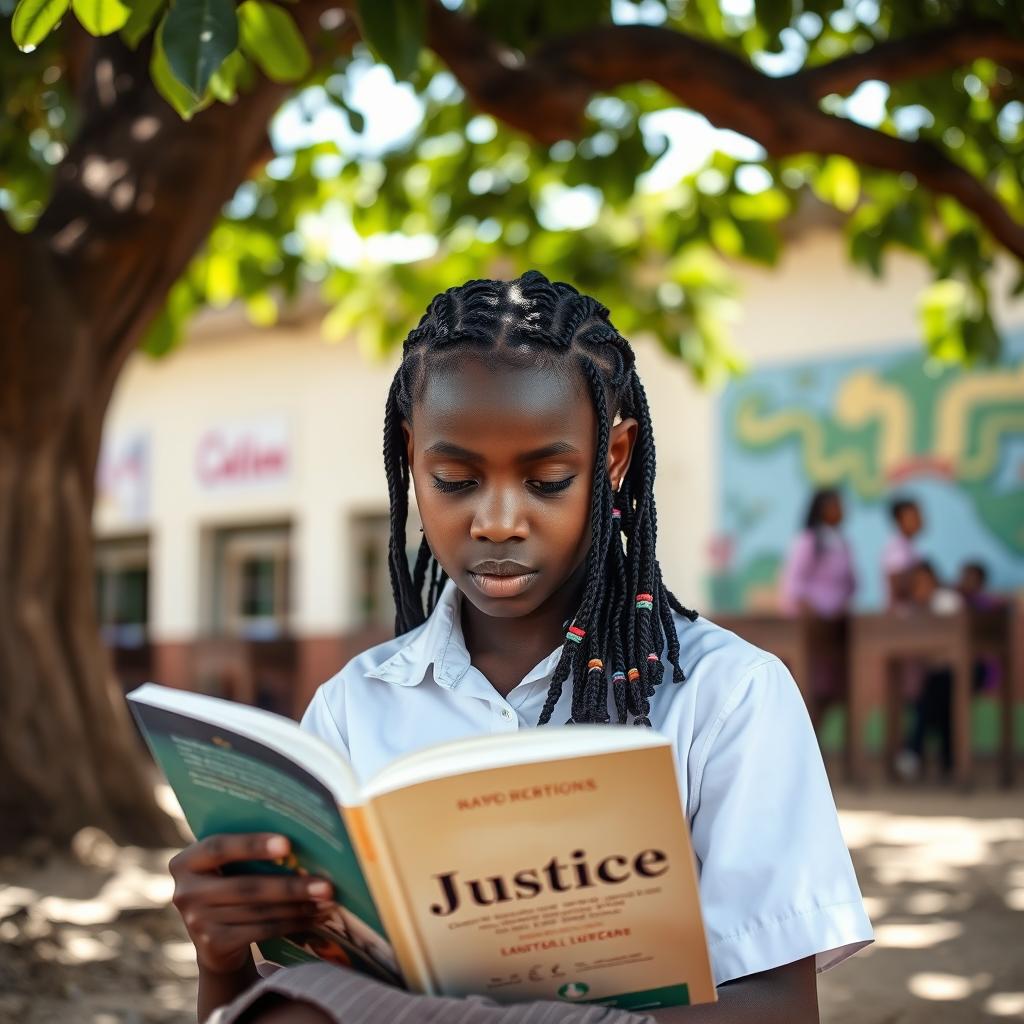 A focused Black African school girl sitting outdoors under a tree, deeply engrossed in a book titled 'Justice'