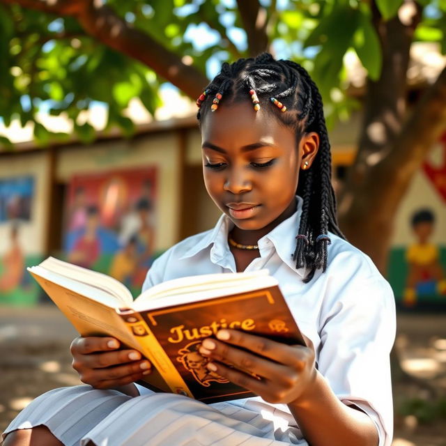 A focused Black African school girl sitting outdoors under a tree, deeply engrossed in a book titled 'Justice'