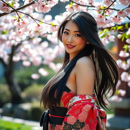 A beautiful Japanese woman with large breasts, exuding a playful and seductive charm