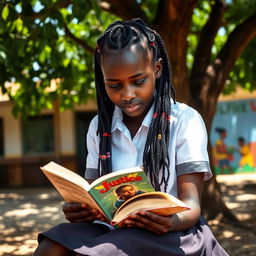 A focused Black African school girl sitting outdoors under a tree, deeply engrossed in a book titled 'Justice'