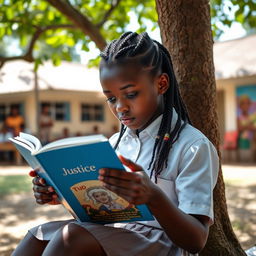 A focused Black African school girl sitting outdoors under a tree, deeply engrossed in a book titled 'Justice'